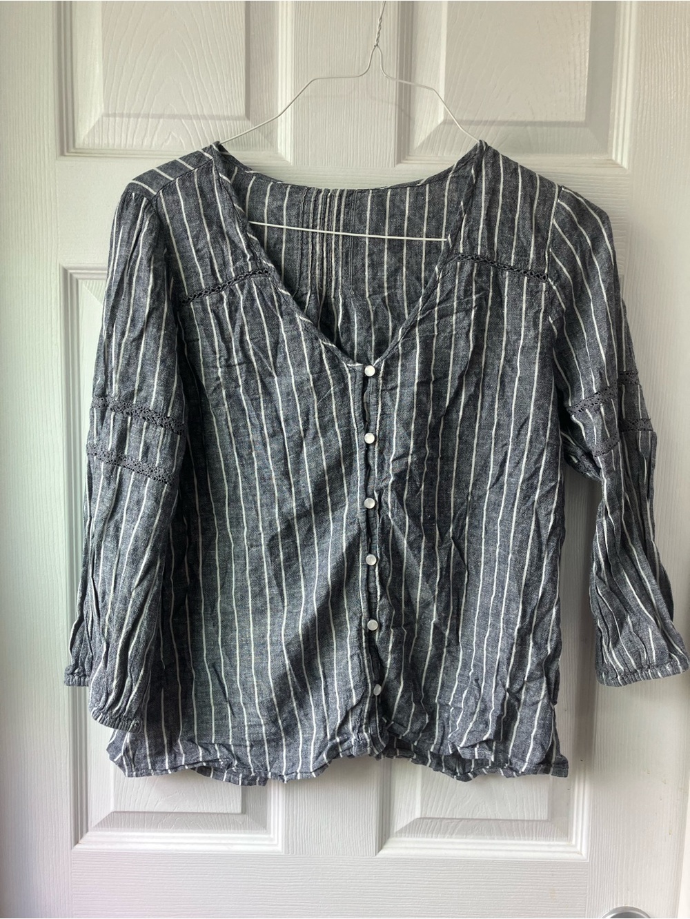 Linen Blend Stripe Button Down Womens Size M